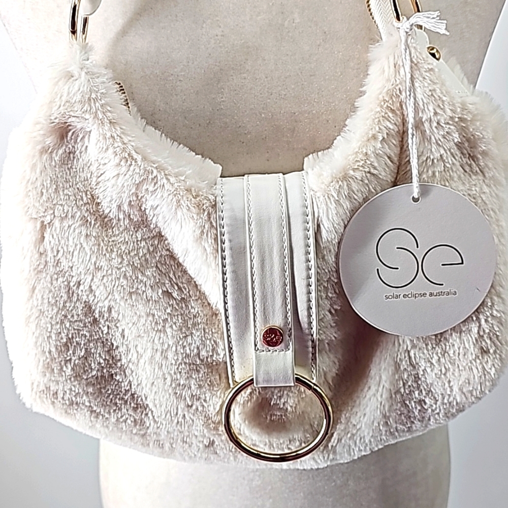 Solar Eclipse Faux Fur & Vegan Leather Shoulder Bag Creamy White